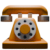 3d model illustration of a retro orange phone with a white rotary dial and an orange handle.
