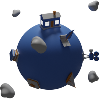 toy planete with clouds, a house, and a boat.