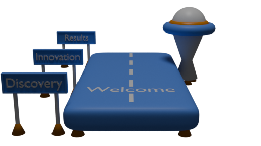 3d illustration of a space port. There is a blue pillow soft landing strip, a curved round tower, and three billboards.
